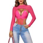 Avidlove Kadın file Crop Tops uzun kollu file üst giyim boş zaman tişört Oktoberfest Mock Neck Shirt Tops Sexy Club Outfits Tops Basic T-Shirt, pembe, kırmızı, XXL