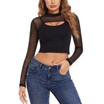 Avidlove Kadın file Crop Tops uzun kollu file üst giyim boş zaman tişört Oktoberfest Mock Neck Shirt Tops Sexy Club Outfits Tops Basic T-Shirt, Siyah, XXL