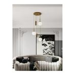 Avizade Vienna Modern Eskitme Metal Gövdeli 5'Li Sarkıt Avize - 3 Beyaz Cam Küre 2 Led Spot, E27 Duy-G10 Duy