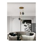 Avizade Vienna Modern Eskitme Metal Gövdeli 5'Li Sarkıt Avize - 3 Füme Cam Küre 2 Led Spot, E27 Duy-G10 Duy