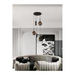 Avizade Vienna Modern Siyah Metal Gövdeli 5'Li Sarkıt Avize - 3 Bal Cam Küre 2 Led Spot, E27 Duy-G10 Duy