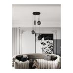 Avizade Vienna Modern Siyah Metal Gövdeli 5'Li Sarkıt Avize - 3 Füme Cam Küre 2 Led Spot, E27 Duy-G10 Duy