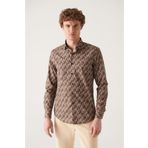 Avva A22Y2001 Kahverengi Soyut Desenli %100 Pamuk Slim Fit Erkek Gömlek