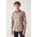 Avva A22Y2013 Erkek Kamel Soyut Desenli %100 Pamuk Slim Fit Gömlek
