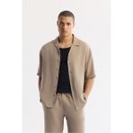 Avva Erkek Bej Apaj Yaka Soft Touch Kısa Kol Oversize Fit Gömlek A51Y2006 - XS