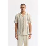 Avva Erkek Bej Comfort Fit Apaj Yaka Çizgili Pamuklu Kısa Kol Gömlek A51Y2071 - 2XL