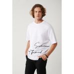 Avva Erkek Beyaz %100 Pamuk Bisiklet Yaka Baskılı Oversize Fit T-shirt A41y1038