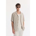 AVVA Erkek Ekru Çizgili Apaj Yaka Comfort Fit Kısa Kollu Relaxed Fit Gömlek A61Y2133 - XL