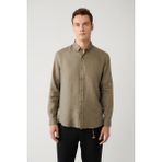 Avva Erkek Haki Düğmeli Yaka %100 Keten Comfort Fit Gömlek B002191 - 2XL