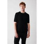 Avva Erkek Siyah Bisiklet Yaka Çizgili Rayon Triko T-shirt A32y5195