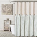 Awellife Keten Düğme Çiftlik Evi Bej Duş Perdesi, Keten ve Pamuk Dokuma Kumaş, Pileli Yeşil Çizgili, Ülke Stili (182 cm U x 183 cm G)