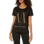 A|X ARMANI EXCHANGE Kadın Yapay Elmas İkon Logolu Tişört, Siyah/Altın Çiviler, M