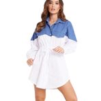 Axcellent Kadın Yazlık Kot Uzun Kollu Gömlek Büyük Beden Elbise, Mavi ve beyaz, 3XL