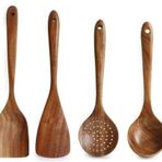 Axpdefi Ahşap Mutfak Eşyaları Doğal Tik Pişirme Kapları Seti Yapışmaz Tava Büyük Mutfak Pişirme Gereçleri Tahta Spatula, Kaşık, Kevgir 4'lü Set
