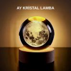 Ay Figürlü 3D Kristal Küre Led Gece Lambası Ahşap Standlı Dekoratif Lamba