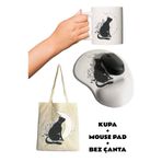 Ay Ile Kedi Baskılı Bilek Destekli Mousepad + Kupa Bardak Mug + Bez Çanta