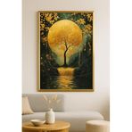 Ay Ve Ağacın Buluşması - Gerçek Cama Baskı Gold Alüminyum Metal Çerçeveli Tekli Modern Tablo