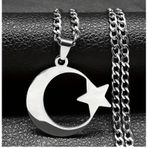 Ay Yıldız Türk Bayrağı Paslanmaz Çelik Kalın Zincirli Kolye 65cm Silver