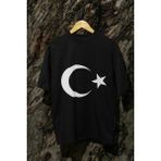 Ay Yıldızlı Türk Bayrağı Baskılı Bisiklet Yaka Tshırt - Siyah