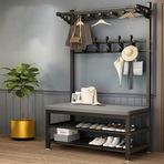 Ayakkabı Tezgahlı Metal Portmanto Standı Modern Giriş Yolu Ağacı 10 Kancalı 2 Katlı Ayakkabılık ve Çok Fazla Depolama Alanı Montajı Kolay Siyah (80 x 33 x 170 cm)