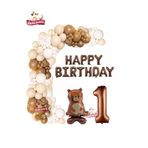 Ayaklı Ayı Happy Birthday 1 Yaş Folyo Balon Krem Beyaz Kahverengi Konsept Doğum Günü Parti Seti