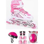 Ayarlanabilir 2+2 Işıklı Metal Alıştırma Pateni Kask Dizlik Dirseklik Setli - Pembe - 30/33