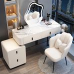 Ayarlanabilir 3 Işıklı Ayna ve Saklama Çekmeceli Modern Beyaz LED Makyaj Masası | Makyaj Tuvalet Masası ve Tabure Seti | 3 Aydınlatma Modu | Kadınlar için Şık Yatak Odası Vanity (Beyaz-Siyah 47 inç)