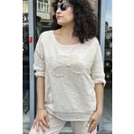AYASOFYA OTANTIK Kadın Bej Yuvarlak Yakalı Aplike Pullu Papatya Desenli 3/4 Kollu Oversize Salaş Keten Bluz