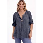 AYASOFYA OTANTIK Kadın Italyan Lacivert Çizgili 3/4 Kollu Oversize Salaş %100 Pamuk Bluz Tunik