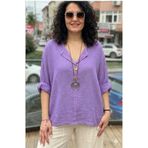AYASOFYA OTANTIK Kadın Italyan Lila Düğme Detaylı 3/4 Kollu Oversize Salaş %100 Pamuk Bluz Tunik