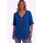 AYASOFYA OTANTIK Kadın Italyan Saks Mavi Düğme Detaylı 3/4 Kollu Oversize Salaş %100 Pamuk Bluz Tunik