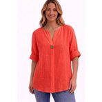 AYASOFYA OTANTIK Kadın Italyan Somon Düğme Detaylı 3/4 Kollu Oversize Salaş %100 Pamuk Bluz Tunik