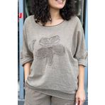 AYASOFYA OTANTIK Kadın Kahverenk Yuvarlak Yakalı Aplike Pullu Papatya Desenli 3/4 Kollu Oversize Salaş Keten Bluz