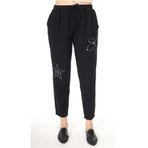 AYASOFYA OTANTIK Kadın Siyah Beli Lastikli Bağcıklı Aplike Yıldız / Papatya Desenli Yandan Cepli Havuc Keten Pantolon
