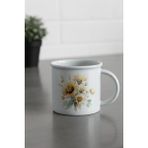 Ayçiçekleri Sonbahar Teması No:1 Baskılı Enamel Görünümlü Seramik Vintage Kupa Bardak - Beyaz