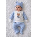 Aydede Kids Only Bear Nakışlı Erkek Bebek 5’li Hastane Çıkışı Seti %100 Pamuk (Şapka, Eldiven, Önlük Dahil) - 0 - 3 Ay - Mavi