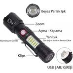 Ayder WS-2828 Ultra USB Şarjlı Polis El Feneri, Bekçi, Asker El Feneri Kırmızı Mavi Çakarlı 1000 Lümen (Ti