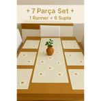 aydev home collection 7 Parça Papatya Desenli Runner ve Amerikan Servisi Çeyiz Seti Punch Panç Nakışlı Runner ve 6 supla