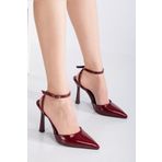 AYENDE MODA Kadın Bordo Rugan Sivri Burun İnce Topuklu Bilekten Bantlı Kadın Stiletto Ayakkabı