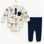 Ayıcık Desenli Bebek Zıbın Takımı Alt Üst - Unisex - 001-Krem - 3 - 6 Ay