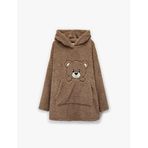 Ayıcık İşlemeli Uzun Kollu Kapüşonlu Oversize Peluş Sabahlık