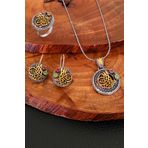 Aykat SET-326 Kök Yakut ve Zümrüt Taşlı Tuğralı Otantik Telkari Set Küpe Kolye Gümüş Yüzük