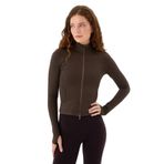Ayma Active Dar Fit Fermuarlı Spor Üst – EcoVero™ Kumaş, Uzun Kollu, Baş Parmak Delikli, Cepli Sporcu Hırka (Kahverengi, XS)