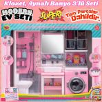 Ayna, Tuvalet Ve Çamaşır Makinesi Banyo Seti - Modern Banyo Seti - Banyo Oyuncak Seti - Klozet, Tuvalet, Aynalı Lavabo,