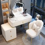 Ayna ve Işıklı Modern Beyaz Makyaj Masası Ayarlanabilir 3 Aydınlatma Modu Küçük Alanlar için Tabureli Kompakt Makyaj Masası Glam Yatak Odası Mobilyaları (Beyaz Altın 80 cm)