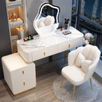 Ayna ve Işıklı Modern Makyaj Masası Çekmeceli Beyaz ve Altın Makyaj Masası Yatak Odası için Küçük Alan Vanity Ayarlanabilir 3 Aydınlatma Modu Dışkı ile Şık Makyaj İstasyonu
