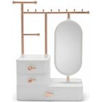 Aynalı Takı Düzenleyici Organizer Çekmeceli Masaüstü Takı Standı, Rose Gold Metal Askılı Beyaz