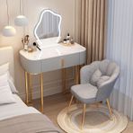 Aynalı ve 3 Renkli Işıklı Modern Makyaj Masası Çekmeceli Ahşap Makyaj Masası Yatak Odası için Kompakt Tuvalet Masası Demir Ayaklı Şık Gri Makyaj İstasyonu.