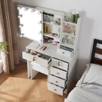 Aynalı ve 6 Çekmeceli Modern Makyaj Masası, Ayarlanabilir Parlaklık ve 3 Renk Sıcaklığı, Tabure, Işıklı Makyaj Masası Dahil, YMH1906903