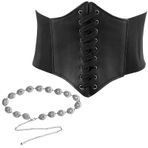 AYNKH 1 korse siyah + 1 zincir kemeri gümüş, gümüş metal zincir kemeri, siyah vintage kravat kemeri, Bohem zincir kemeri, ayarlanabilir metal zincir, elbise kot, cadılar bayramı temalı parti, kadın